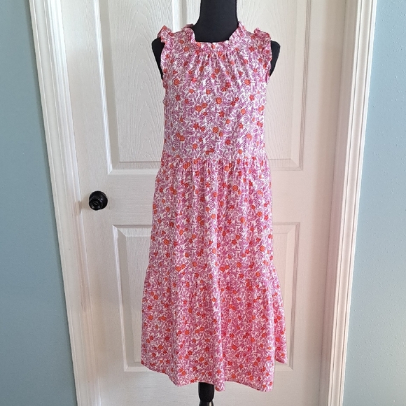 J.Crew Pink Orange Floral Ruffle Sleeve Cotton Comfy Pockets Tiered Midi Dress - Picture 1 of 15